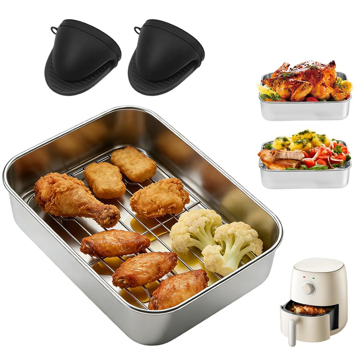 Edelstahl Auflaufform für Airfryer, Bratblech mit Gestell, Dichtdeckel und Hitze-Schutzgriffen, Robu