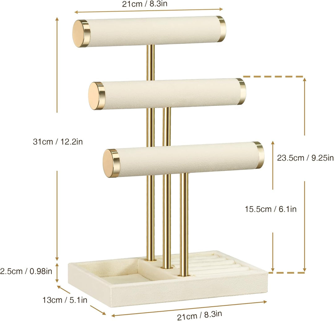 Schmuck Organizer mit 3 Ebenen - Beige Schmuckständer Armbänder, Abnehmbarer T-Steg Schmuck Ständer,