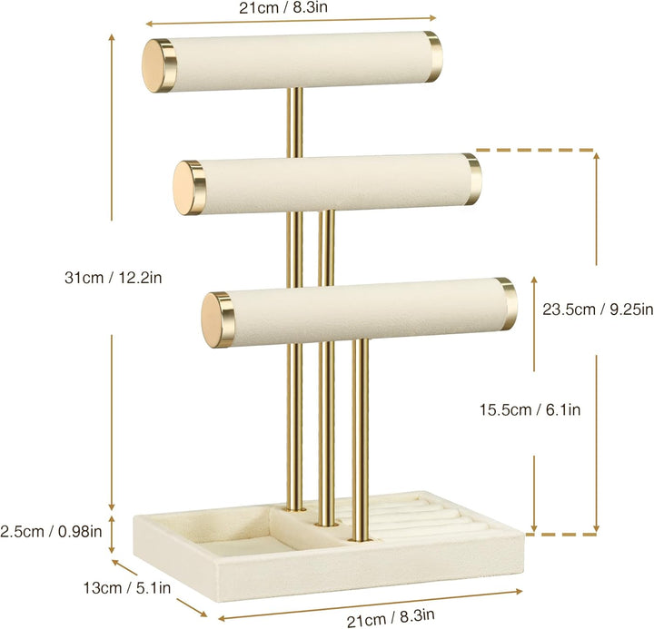 Schmuck Organizer mit 3 Ebenen - Beige Schmuckständer Armbänder, Abnehmbarer T-Steg Schmuck Ständer,