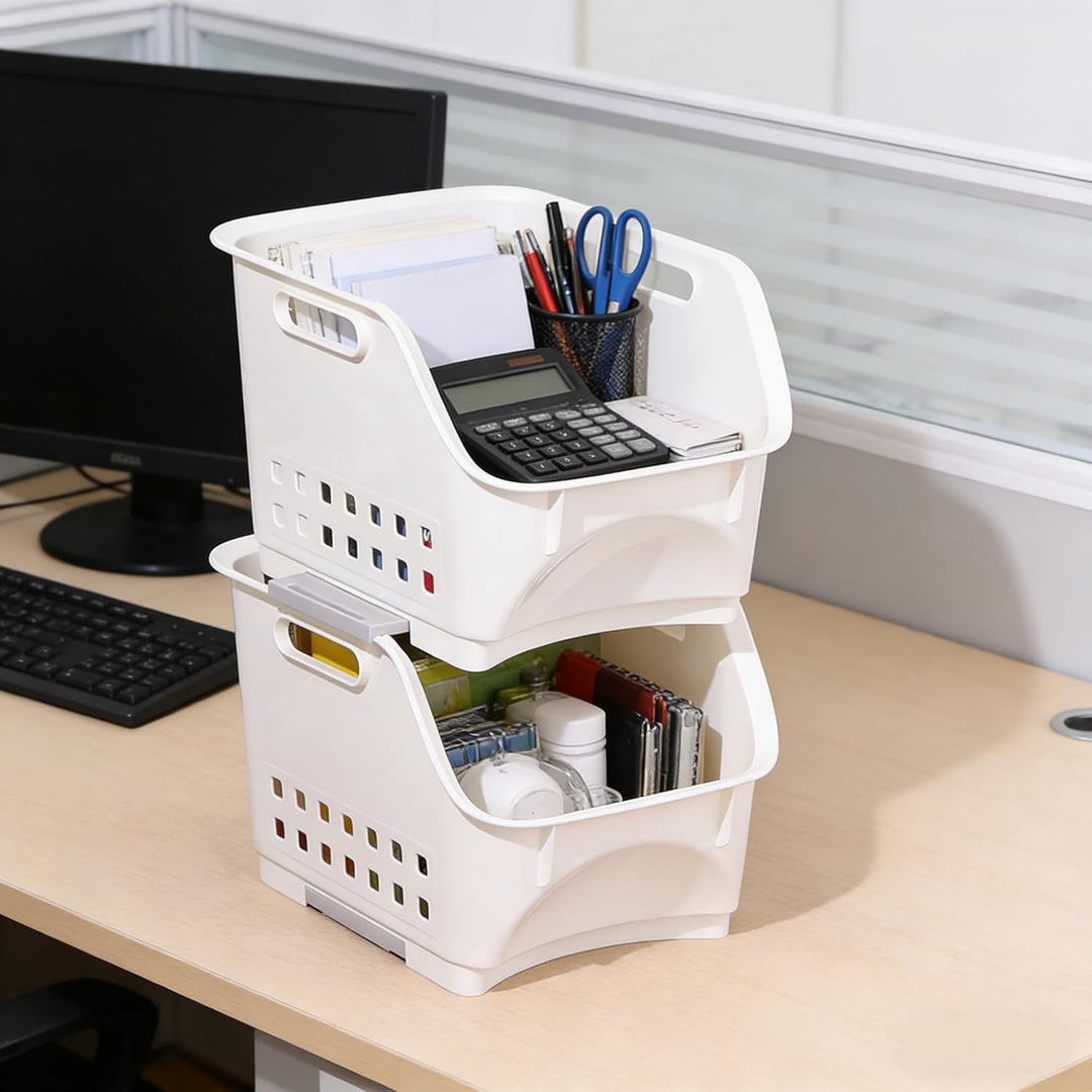 Tyminin 3er Pack Stapelkörbe aus Kunststoff, Küchengemüse- und Obstregalbehälter, Weiss, Weiss