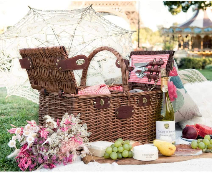 Picknickkorb Saint-Germain rotkariert aus dunkler Weide - Korb mit Fach für eine Flasche - für 4 Per