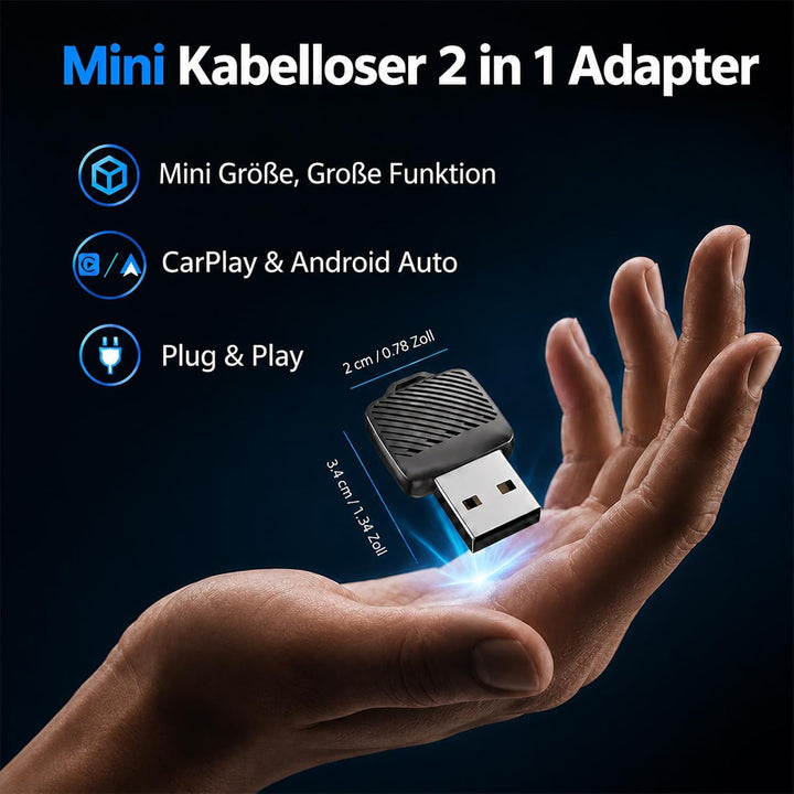 2-in-1 Wireless CarPlay &amp; Android Auto Adapter, Mini Plug &amp; Play Dongle mit USB-A &amp; USB-C, Wandelt k