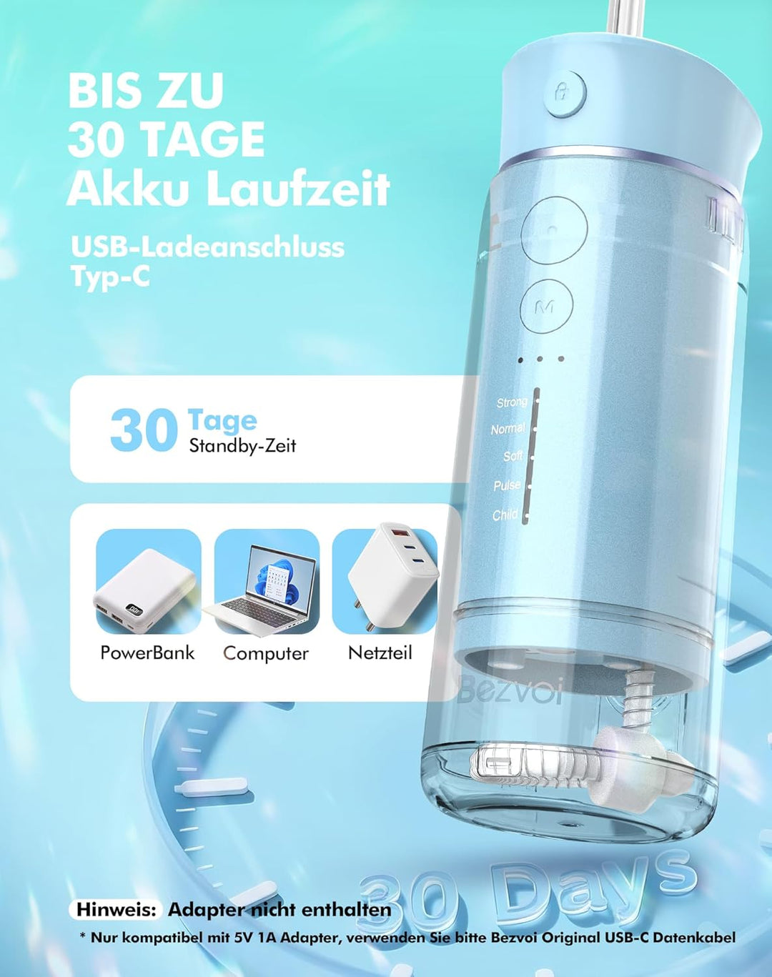 Reise Munddusche Kabellos Zahnreinigung: Oral Irrigator mit 5 Modi, 180ML Wassertank IPX7 Wasserdich