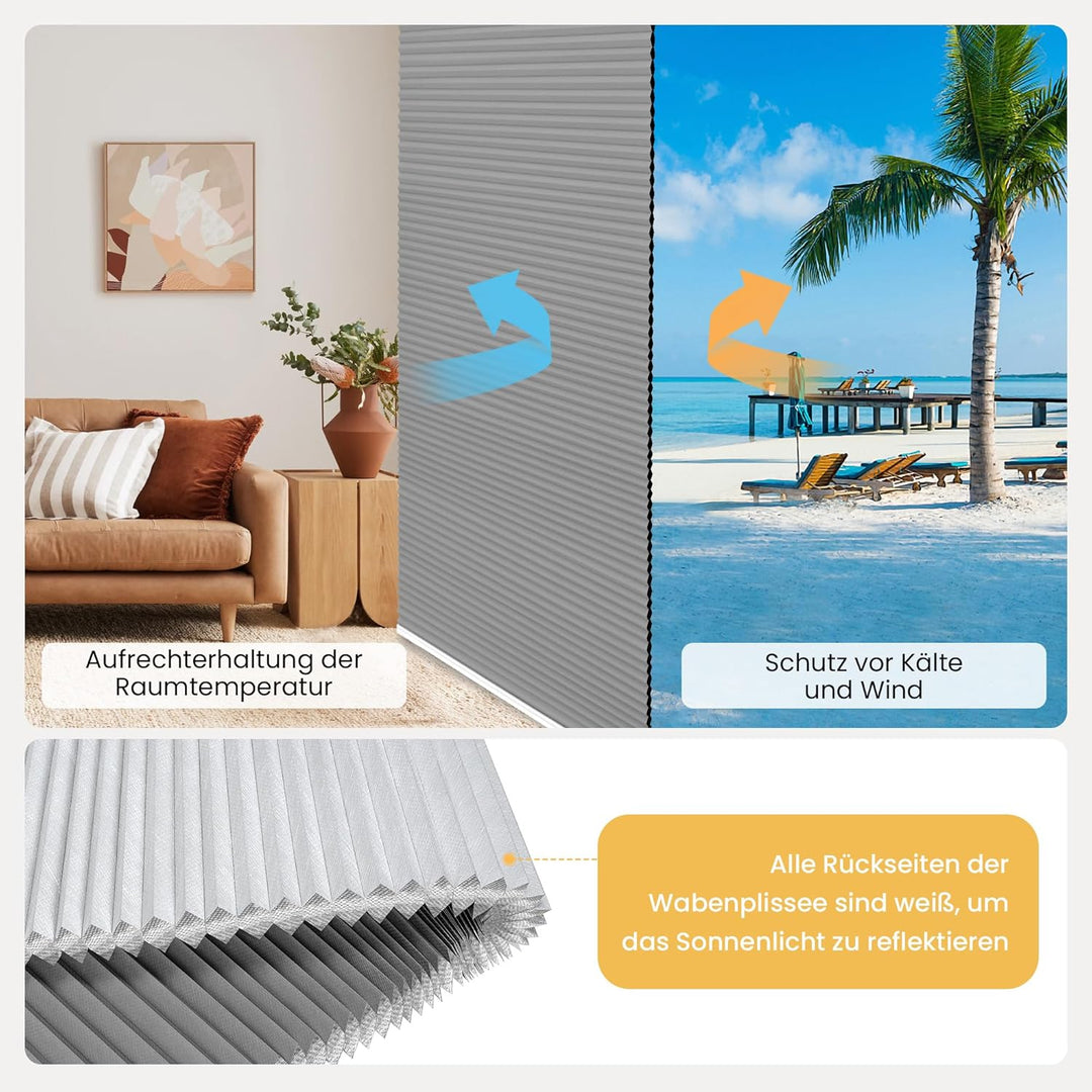 BelleMax Plissee Verdunklung Klemmfix Wabenplissee ohne Bohren Grau-Weiss 40x100cm(BxH), Thermo Verd