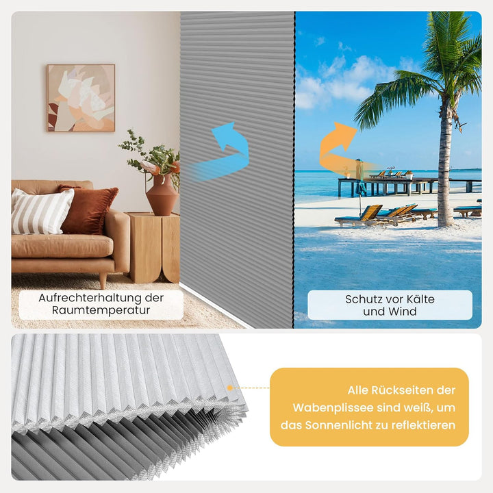 BelleMax Plissee Verdunklung Klemmfix Wabenplissee ohne Bohren Grau-Weiss 40x100cm(BxH), Thermo Verd