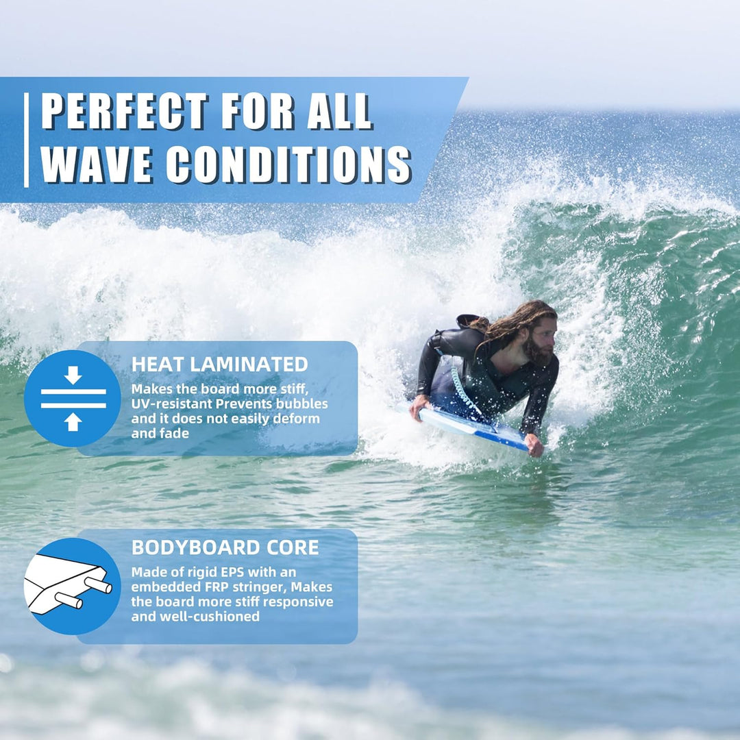 Body Boards for Beach Lightweight Durable Body Board with EPS Core Dual Channel Double Swivel Coiled
