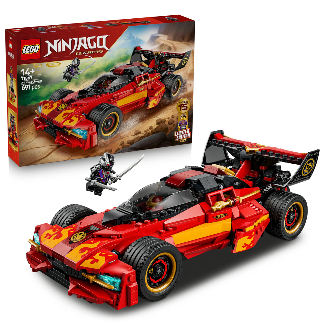 LEGO NINJAGO 15-jähriges Jubiläum: X-1 Ninja Supercar - Rennwagen Modellbau mit Motorrad und 3 Minif