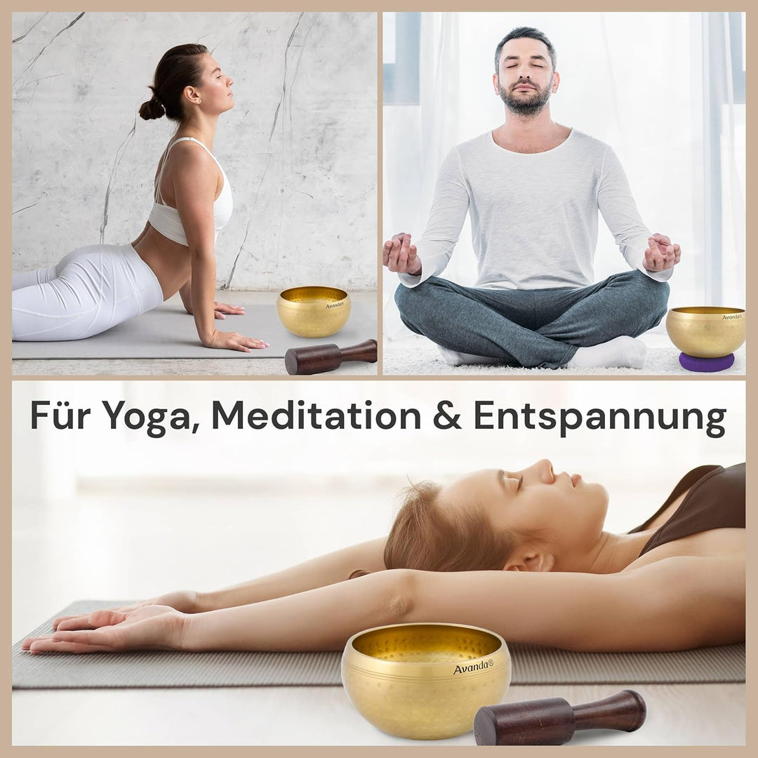 Tibetisches Klangschale-Set für Yoga, Meditation und Entspannung - Gehämmerte tibetische Klangschale