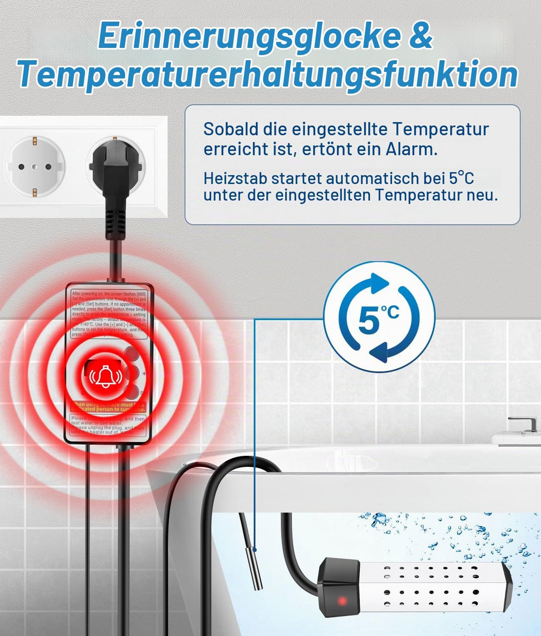 WADEO Tauchsieder Wasserkocher mit Wärmeisolierter Griff, Elektrischer Tauchwasserbereiter Wassererh