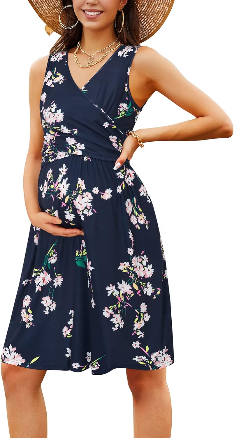 OUGES Damen Winter Umstandskleid Stillkleid Baumwolle Schwangere Lässiges Herbst Kleider mit Taschen