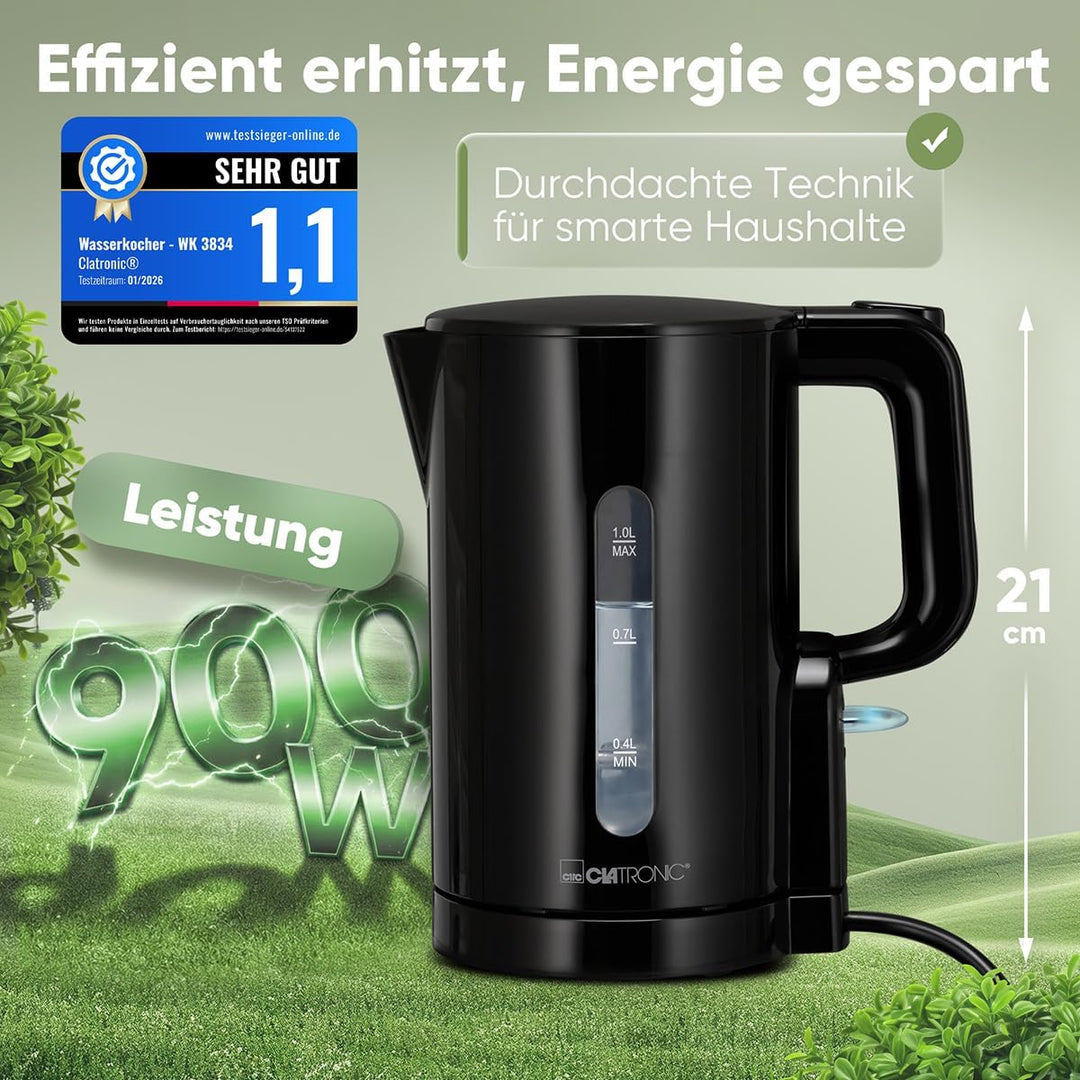 Clatronic® Wasserkocher 1L | 900W | BPA frei | Einhandbedienung | Wasserstandsanzeige | Kettle | Übe