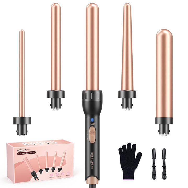 5 in 1 Keramik Lockenstab Set,Lockenstab mit Verschiedenen Aufsätzen für Grosse und Kleine Locken, 9