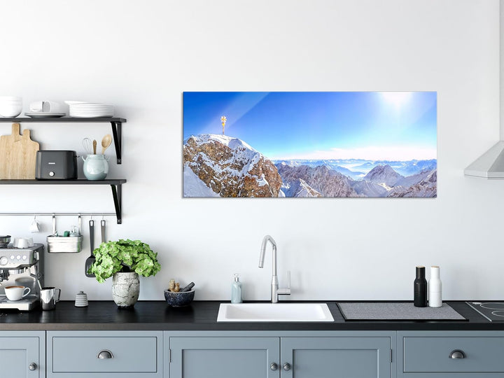 Glasbild Panorama | Wandbild aus Echtglas | Zugspitze im Sonnenlicht | 100x40 cm | inkl. Aufhängung