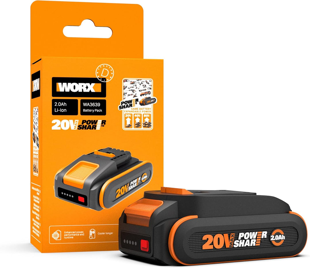 Original WORX WA3639 PowerShare Akku 20V - 2000mAh Li-Ion, wiederaufladbarer - kompakter Akku mit hö