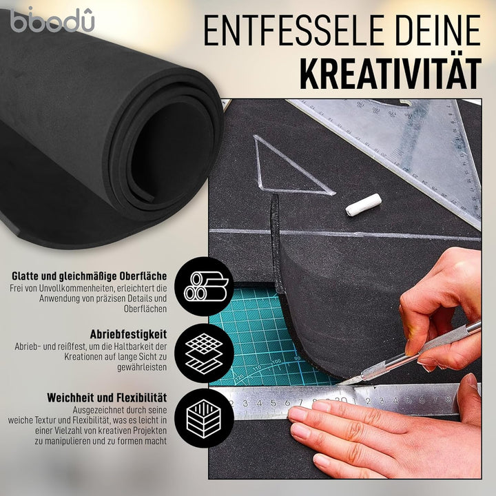 BIBODU Pack mit 2 Rollen Eva Foam 5mm Schwarz Farbe | Moosgummi 5mm Dicke | Grösse 150cm x 32cm, Dic