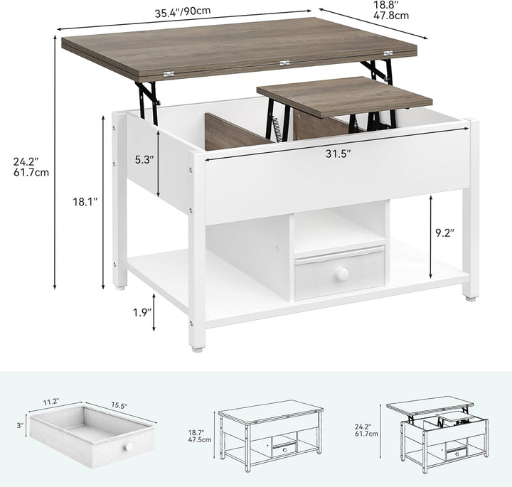 YITAHOME Couchtisch mit Anhebbarer Platte und Schubladen, 4-in-1-Multifunktions-Couchtisch mit Staur
