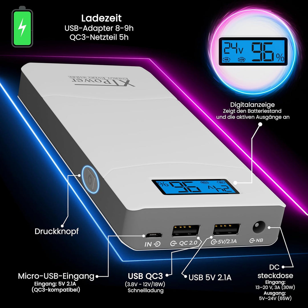 XTPower® XT-16000QC3 Powerbank moderner DC + USB QC3 Akku mit 15600mAh - 1x USB, 1x USB QC3 und DC A