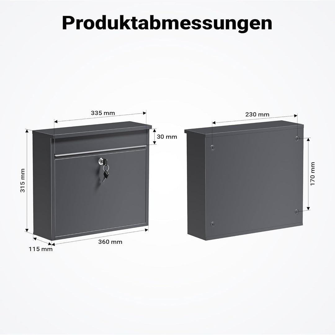 Wiltec Briefkasten V13 Anthrazit 360 x 105 x 315 mm, Wandbriefkasten mit Schloss und Klappe, Postkas