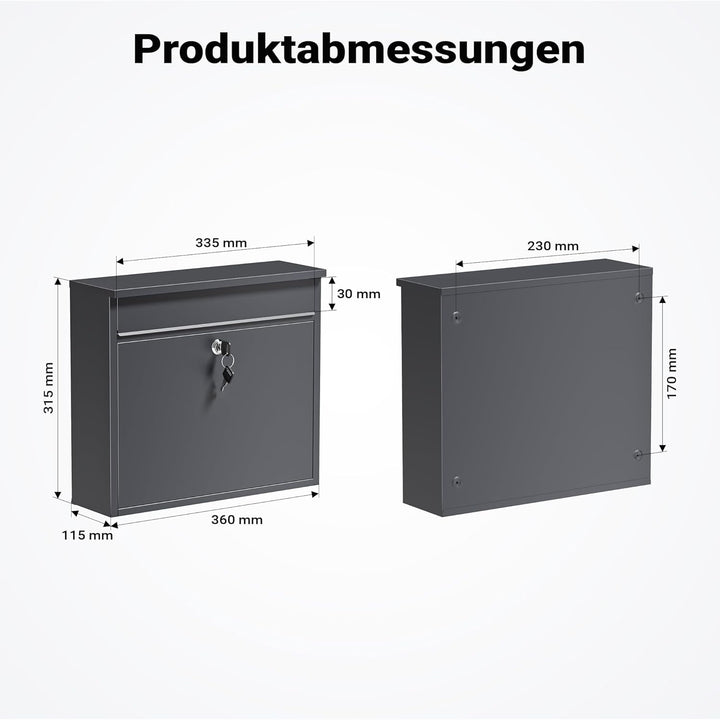 Wiltec Briefkasten V13 Anthrazit 360 x 105 x 315 mm, Wandbriefkasten mit Schloss und Klappe, Postkas