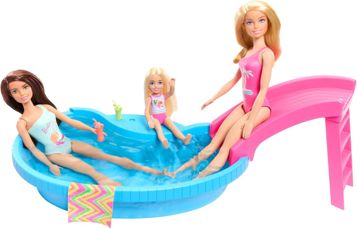 Barbie Puppe und Zubehör - Pool mit Rutsche und Accessoires für stundenlanges Spielvergnügen in der