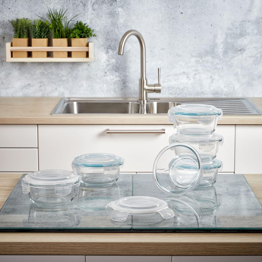 Grizzly Glas Frischhaltedosen, Set 6x 400 ml, luftdicht, rund, Click-Verschluss, vielseitige Vorrats