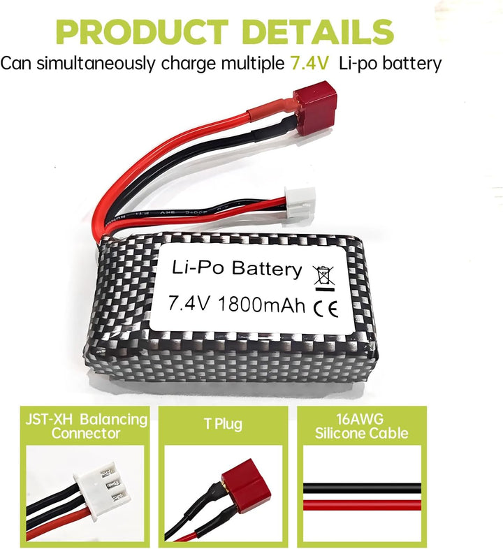 2PCS 7.4V 1800mAh T-Stecker Lithium-Batterie für WLTOYS 144001 12402 12403 12404 12423 12428 A959-B