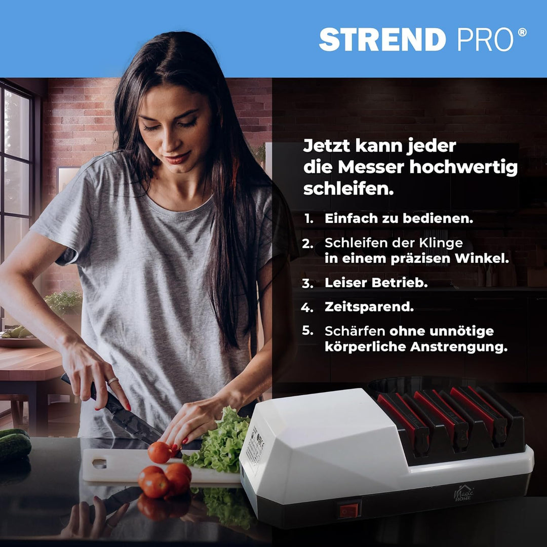 STREND PRO Messerschärfer Elektrisch | 3-Stufiges Schärfen für Eine Perfekt Scharfe Klinge | Messers