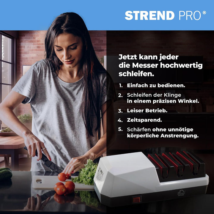 STREND PRO Messerschärfer Elektrisch | 3-Stufiges Schärfen für Eine Perfekt Scharfe Klinge | Messers