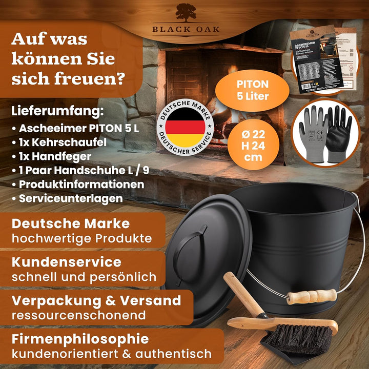 BLACK OAK Ascheeimer PITON 5L - schwarz mit Deckel mit Holz-Griff + Feger + Schaufel & Handschuhen -
