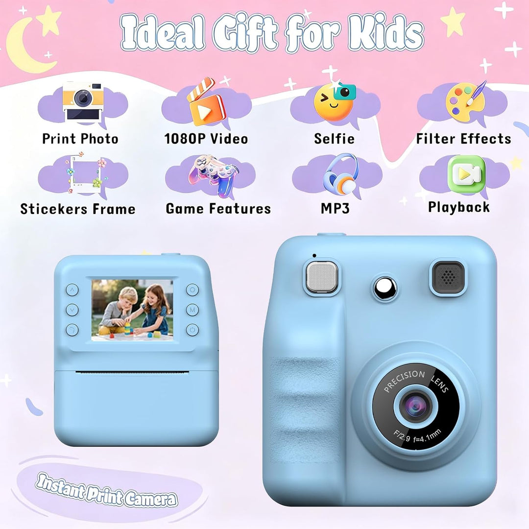 Kinderkamera Sofortbildkamera, 48MP Sofortbildkamera Kinder mit 32GB Karte & Druckpapier, 1080P Digi