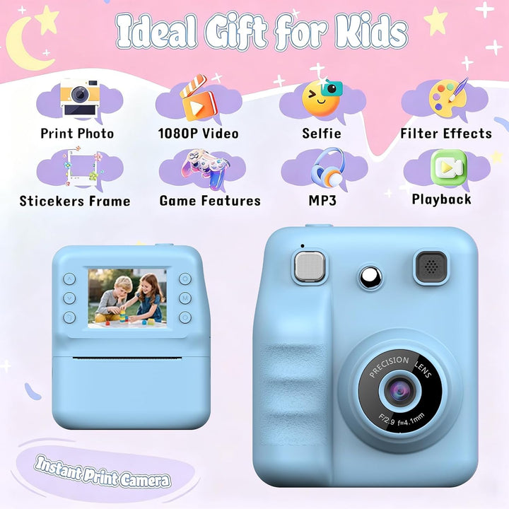 Kinderkamera Sofortbildkamera, 48MP Sofortbildkamera Kinder mit 32GB Karte & Druckpapier, 1080P Digi