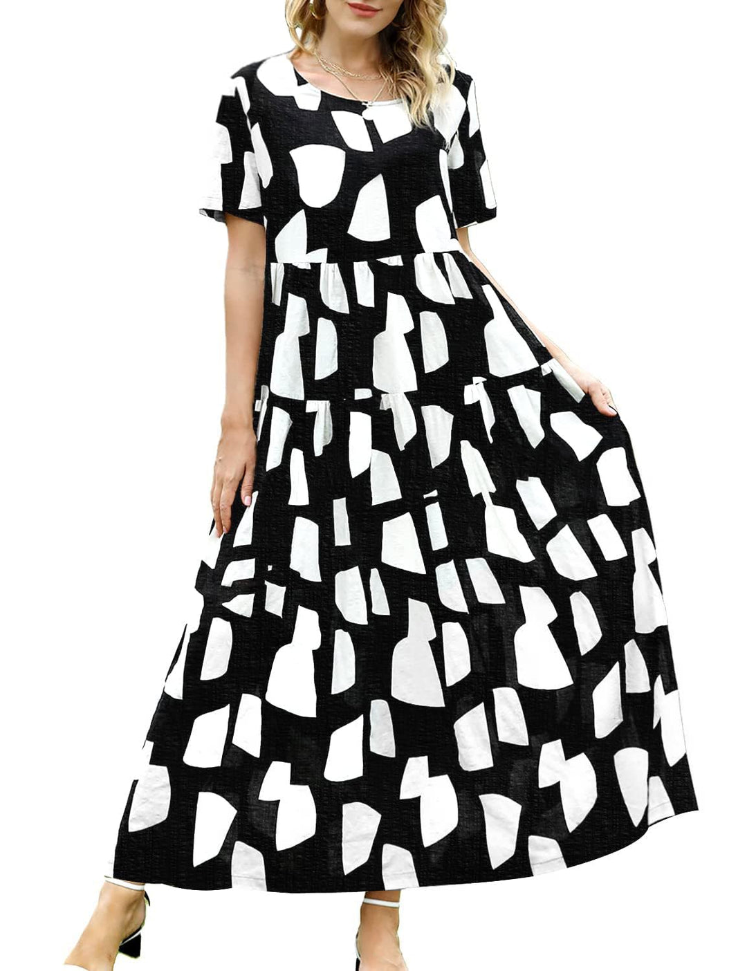 YESNO Damen Kleider Freizeit Lose Sommerkleid Lang Boho Maxikleid für Rundhals Strandkleid Blumenkle