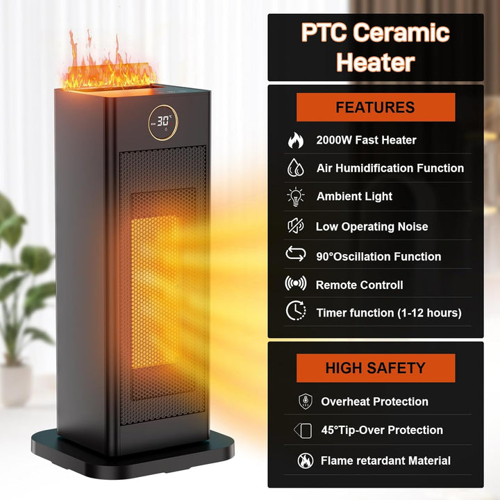 LIFERUN 2000W Keramik Heizlüfter Energiesparend mit Luftbefeuchter led Flammenlicht, Leise, 2S Wärmt