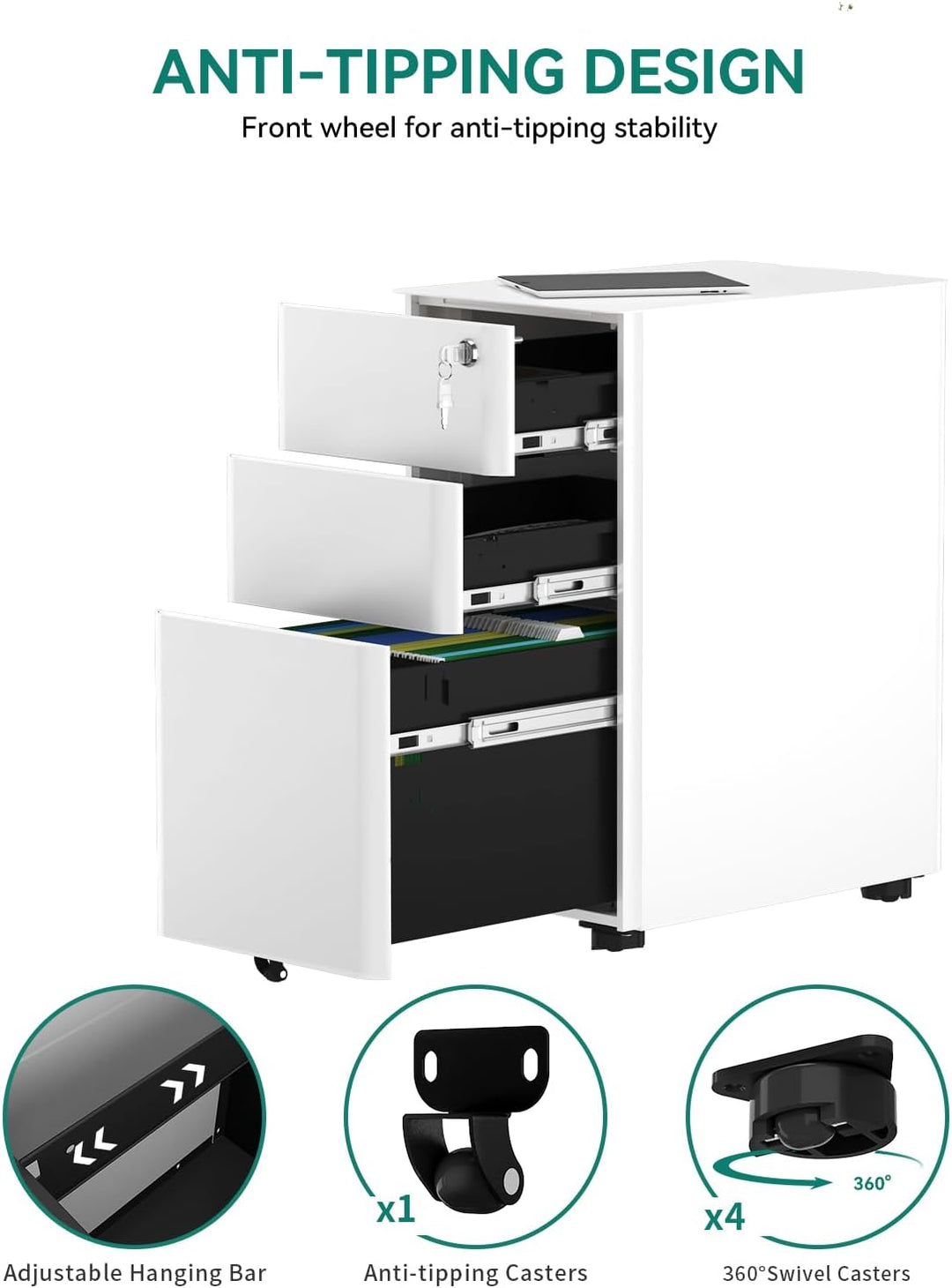 YITAHOME Rollcontainer mit 3 Schubladen, Metall Abschliessbar Aktenschrank für A4, Legal, Letter, Mo