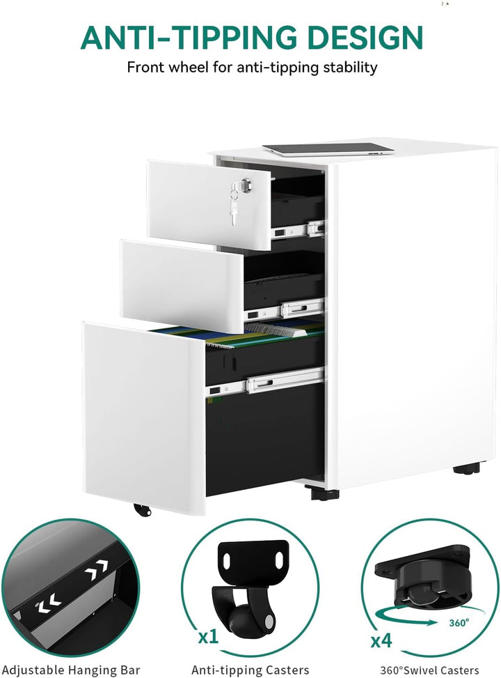 YITAHOME Rollcontainer mit 3 Schubladen, Metall Abschliessbar Aktenschrank für A4, Legal, Letter, Mo