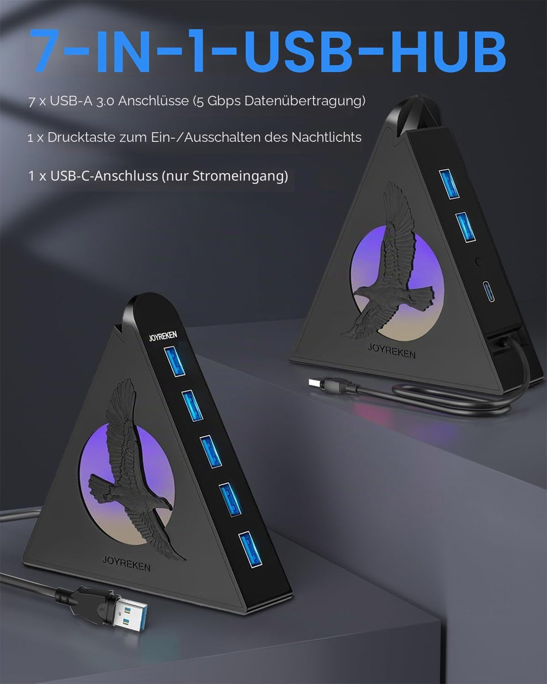 7 Ports USB Hub,JoyReken USB 3.0 verlängerung mit verlängertem 60cm Kabel,USB Verteiler für Laptop,