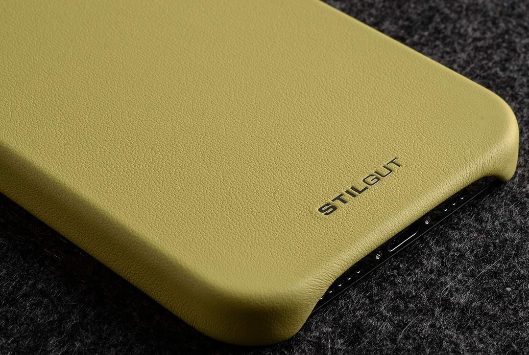 STILGUT Cover kompatibel mit iPhone 12/12 Pro Hülle aus Leder -Lederhülle, Ledercase - Gelb iPhone 1