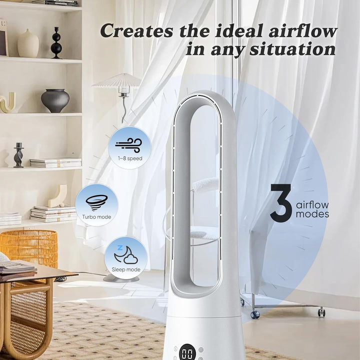 Leiser Turmventilator, Lüfter ohne Rotorblätter – 8 Stufen + Boost-Modus, 90° Oszillation, 5 m Fernb