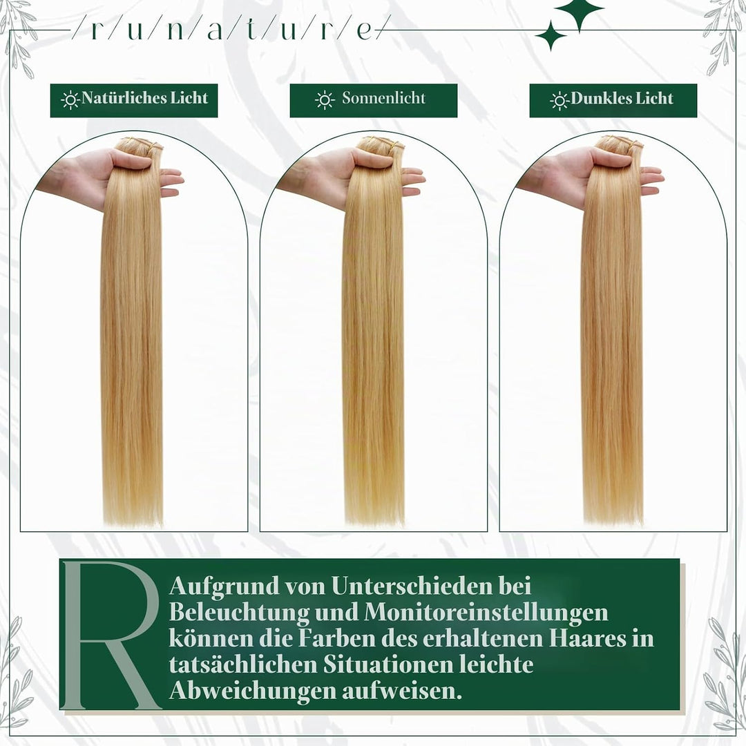 RUNATURE Clip in Extensions Echthaar Goldblond mit Hellblond Haarverlangerung Echthaar Clip in Glatt