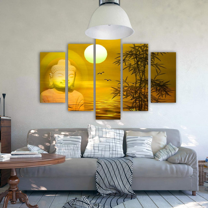 Feeby Wandbild XXL 5 Teilig Buddha Leinwandbild Sonne Baum Natur Zen gelb 300x140 cm Leinwandbild 30