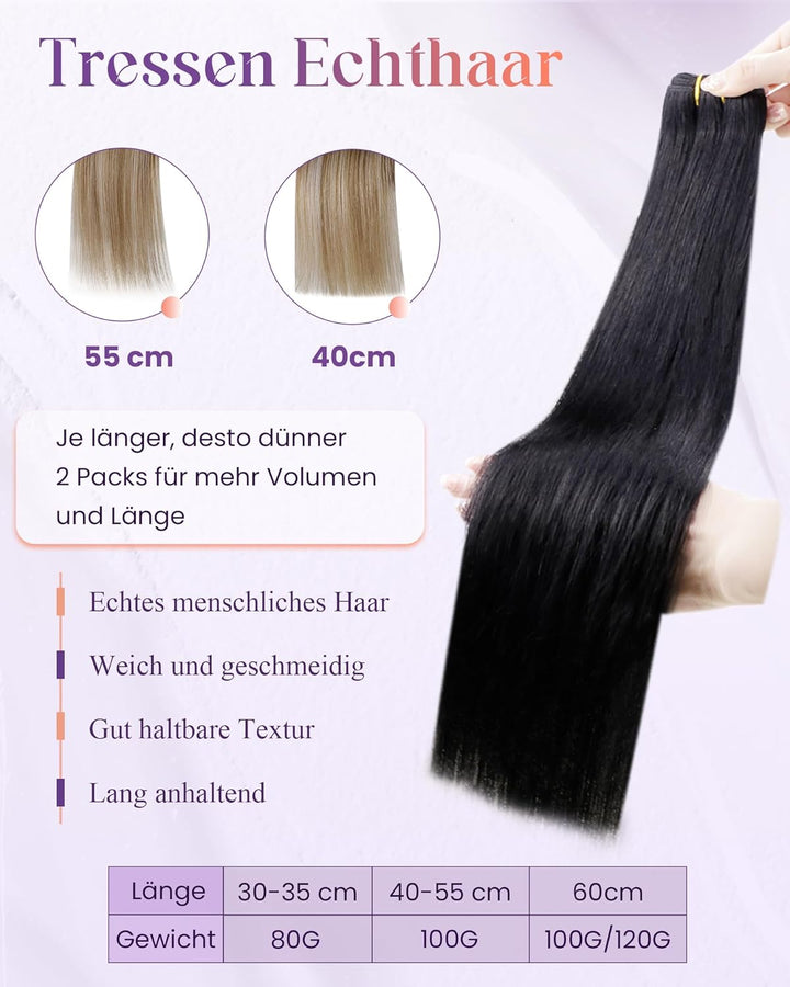 LaaVoo Tressen Extensions Echthaar Schwarz Haarverlängerung Echthaar Weave 40cm Haartressen Extensio