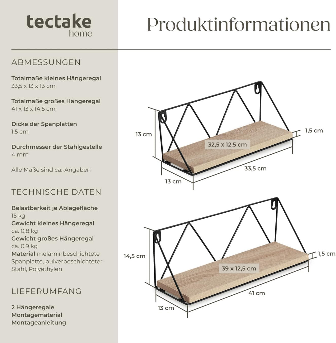 tectake® Industrial Wandregal Holz, 2er Set Regal Wand, Regale, Hängeregal, für Deko Wohnzimmer, Sch