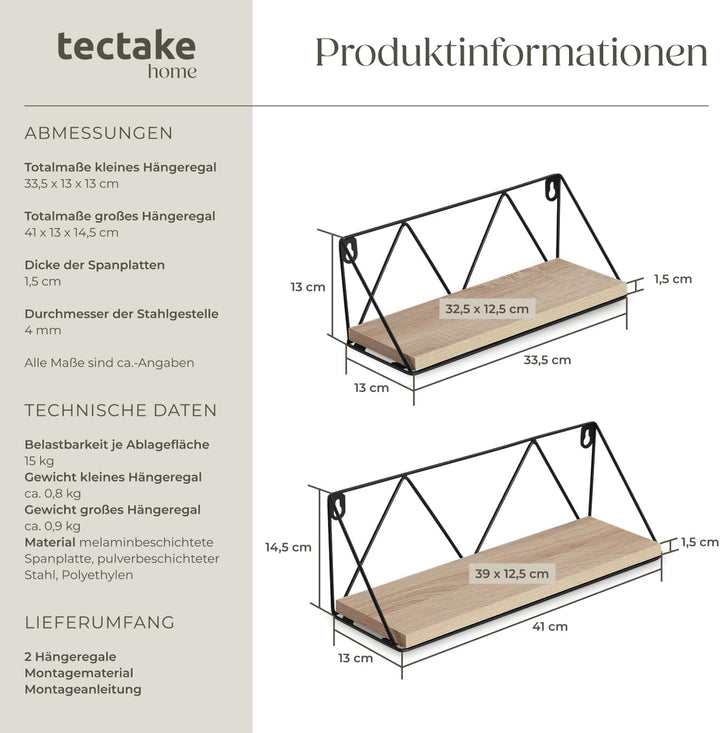 tectake® Industrial Wandregal Holz, 2er Set Regal Wand, Regale, Hängeregal, für Deko Wohnzimmer, Sch