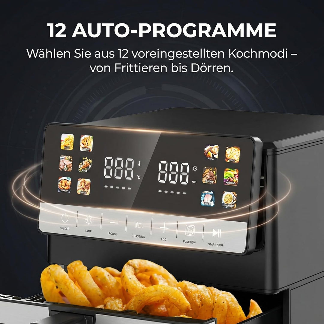 Heissluftfritteuse, 10 Liter XXL Air Fryer, 12in1 Heissluftfritteuse, Zwei Heizelemente Airfryer, To