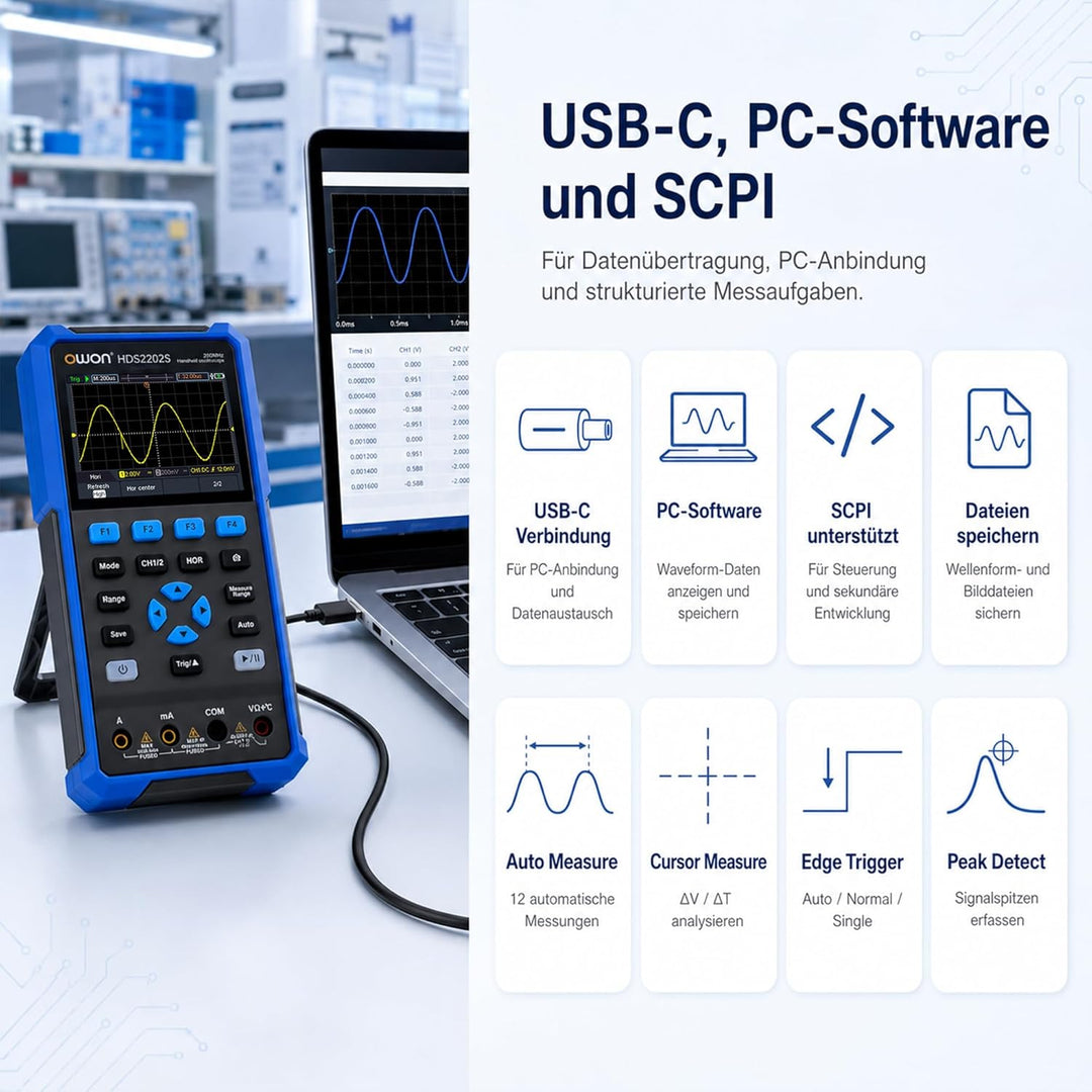 HDS2202S OWON Oszilloskop 3 in 1 Handoszilloskop 200MHz Bandbreite 1GS/s Abtastrate + 4 1/2 Stellen