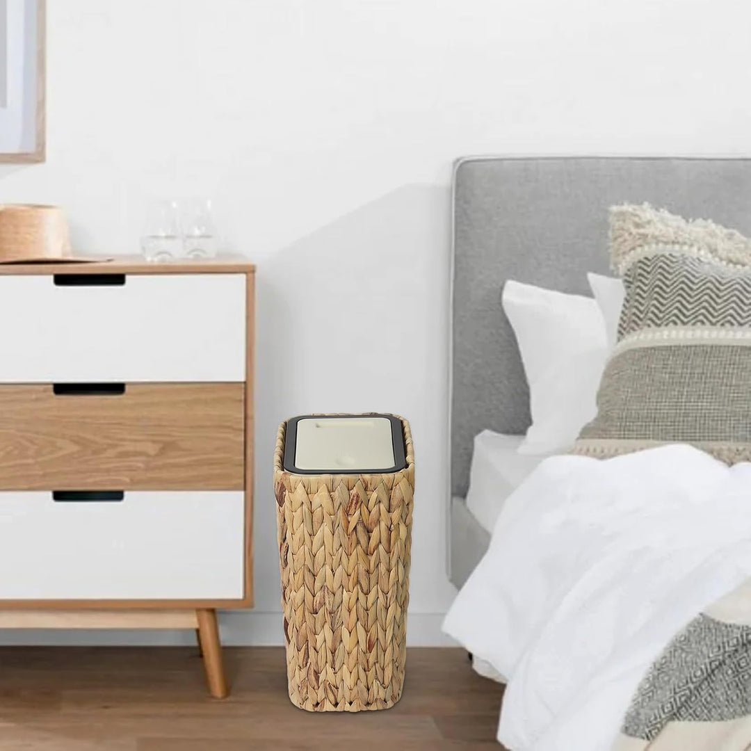 Mülleimer Küche Boho, 12 Liter Mülleimer mit Pop-up Deckel, 2 in 1 Rattan Papierkorb & Mülltonne, Kl