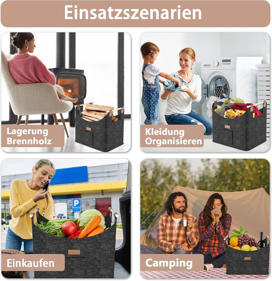2X Feuerholzkorb mit Holzgriff Faltbare Kaminholzkorb mit Seitentaschen Filztasche für Holz Transpor