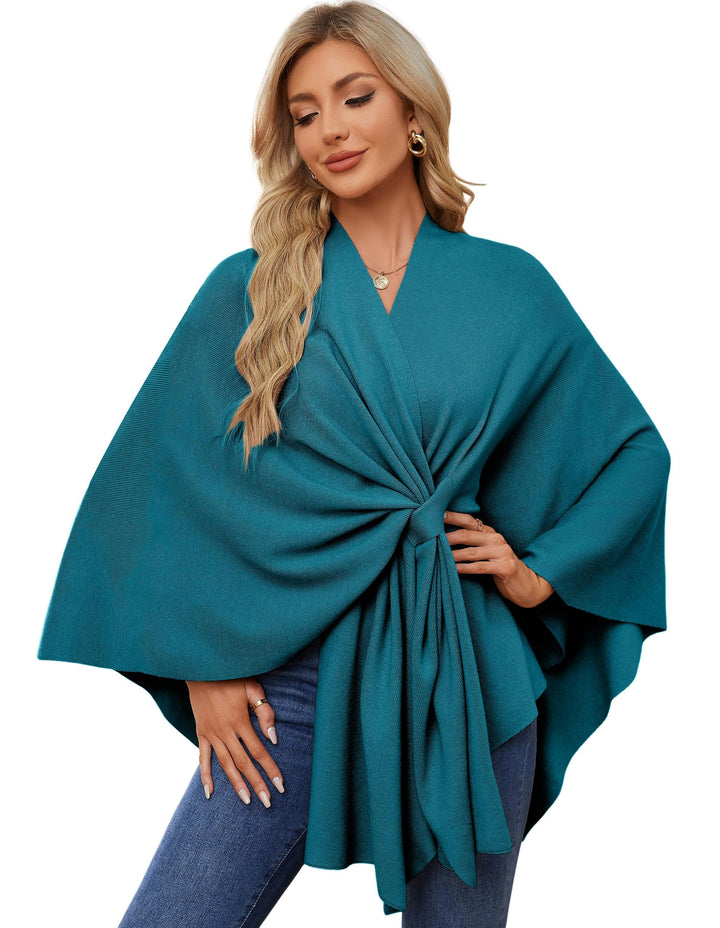 PULI Damen Elegant Poncho Strick Ponchos Capes Vorne öffnen Vielseitige Schalwickel mit Lasche Dunkl
