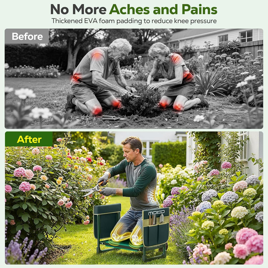 MoKo kniebank für Gartenarbeit, 350 lbs Klapphocker mit 2 Werkzeugtaschen | 2-in-1-gartenhocker klap