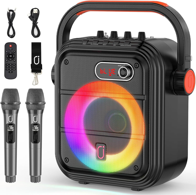 JYX Karaoke Maschine mit 2 kabellose Mikrofones, Tragbaren Bluetooth Lautsprecher mit RGB-Licht Unte